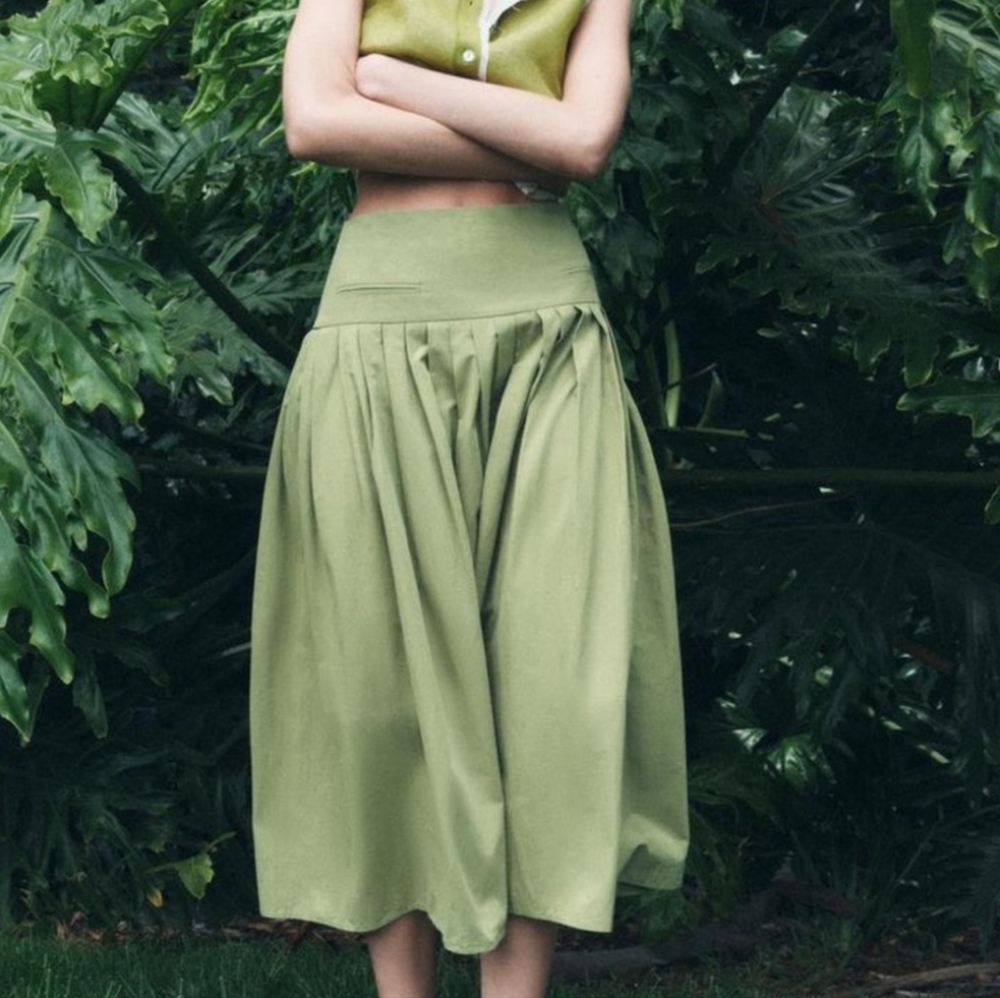 Zara Green Yoke Detail Pleated Skirt ZW Collection Size Large - Picture 7 of 16